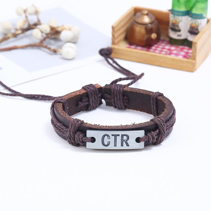 European American Vintage Punk Men's Braided Cowhide Leather Bracelet With Hemp Rope Detail
