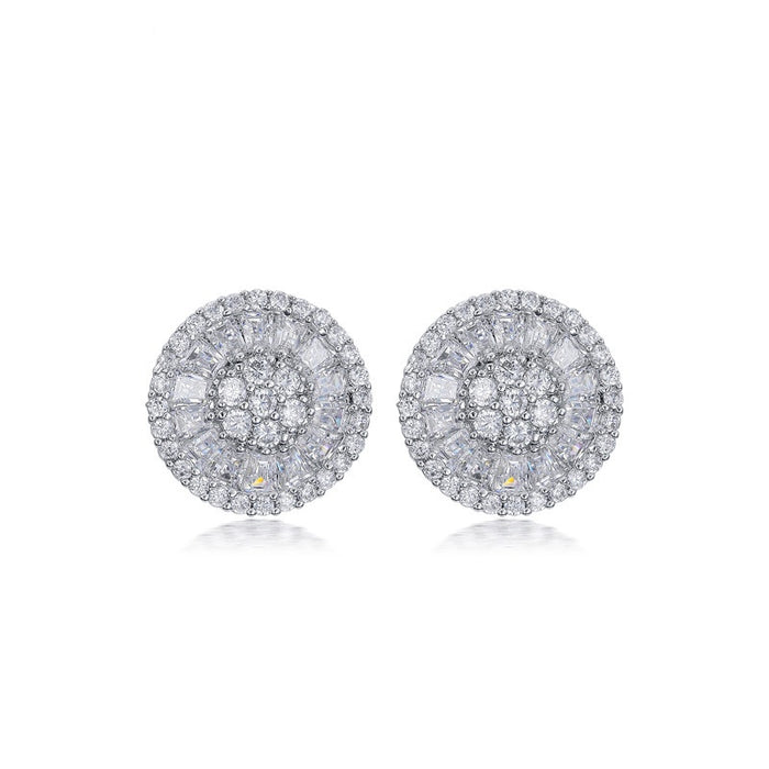 Women's Full Zircon Round Stud Earrings, Silver Plated Floral Ear Jewelry Accessories