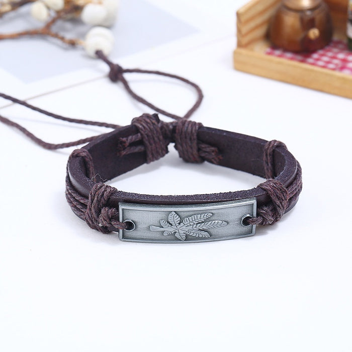 European American Vintage Men's Braided Cowhide Leather Bracelet With Alloy Maple Leaf Charm