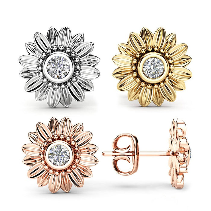 Fashion OL Womens Sunflower Stud Earrings, Creative Zircon Silver And Gold Plated Jewelry