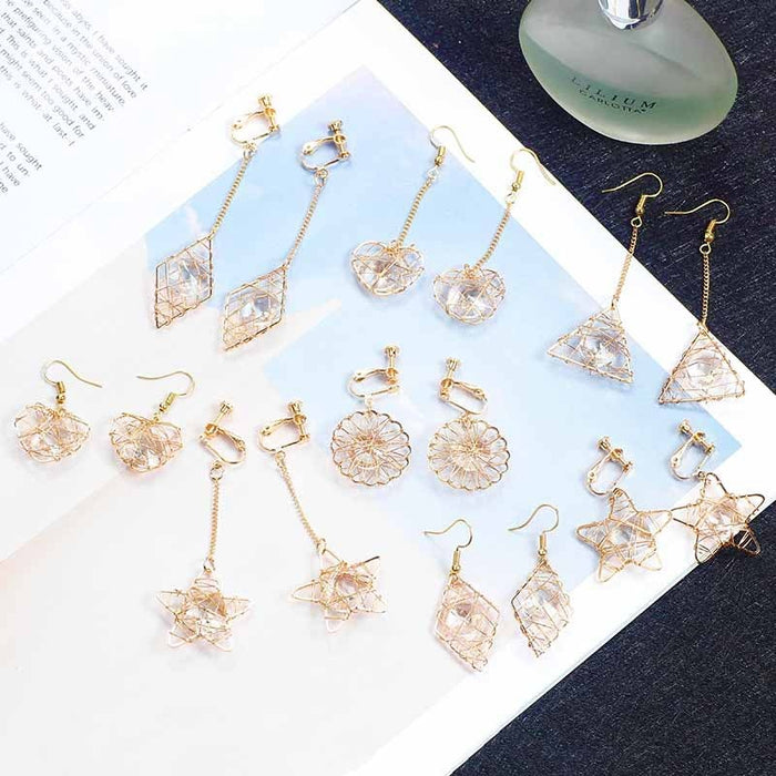 Elegant Gold Alloy Hollow Star Heart Geometric Long Drop Clip-On No-Piercing Fashion Earrings