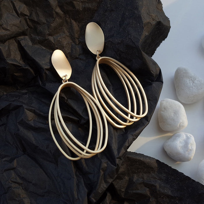 Korean Style Matte Alloy Geometric Oval Long Drop Earrings With Silver Pins For Women