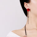 Elegant Korean Style Enamel Flower Petal Long Tassel Drop Earrings With Alloy Chain Rhinestone Stud Earrings view 3