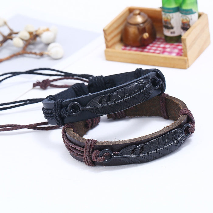 Punk Black Plated Alloy Feather Faux Leather Braided Bracelet Student Wrist Rope For Men And Women