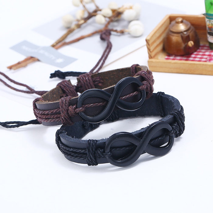 Punk Braided Faux Leather Bracelet With Black Plated Alloy Figure Eight Charm For Men And Women