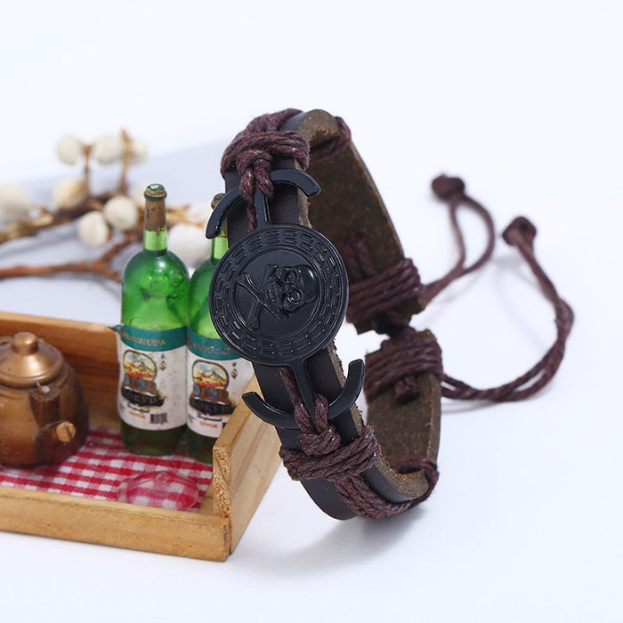 Handmade Braided Vintage Faux Leather Bracelet, Adjustable Skull Men's Wristband