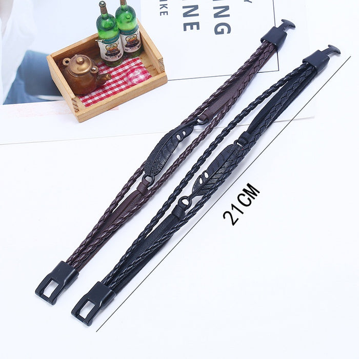 Black Plated Feather Buckle Faux Cowhide Leather Bracelet Unisex Student Fashion Wristband