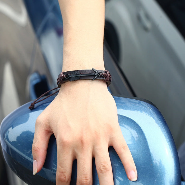 Punk Braided Faux Cowhide Leather Bracelet With Black Plated Alloy Arrow Charm For Couples