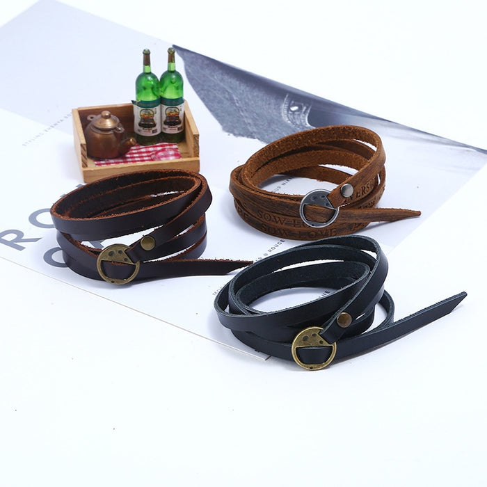 Punk Vintage Five Wrap Embossed Cowhide Leather Bracelet Simple Multi Layer Men's Wristband