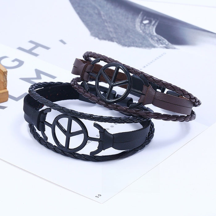 Handmade Braided Peace Faux Leather Men's Bracelet, Creative Ethnic Style Wristband