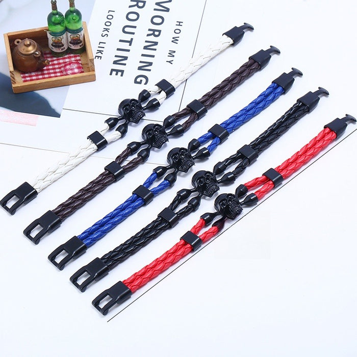 Punk Alloy Skull Head Buckle Faux Cowhide Leather Bracelet For Couples Cross Border