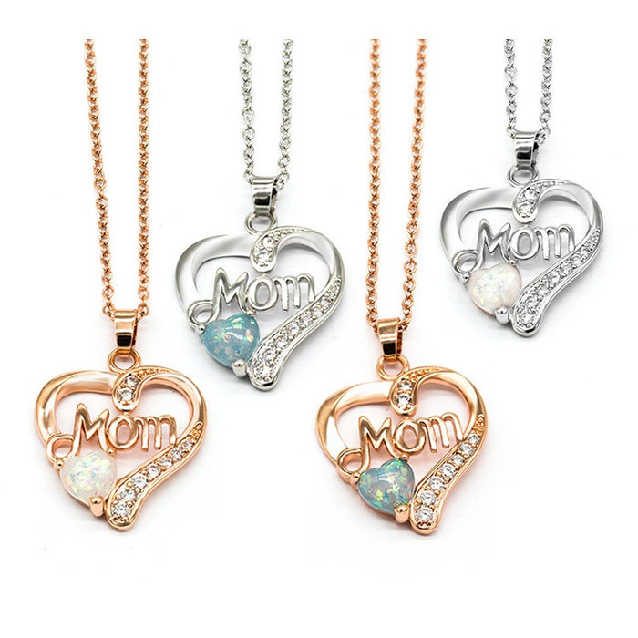 Hot Selling Mom Heart Opal Pendant Necklace, Silver Plated Copper Zircon Birthday Gift