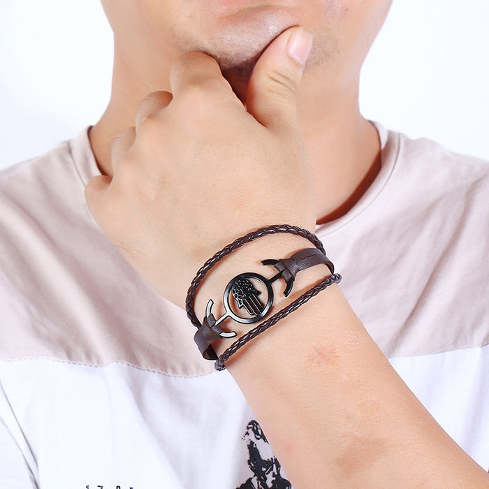 Handwoven Palm Charm Faux Leather Bracelet For Men Creative Ethnic Style Bracelet