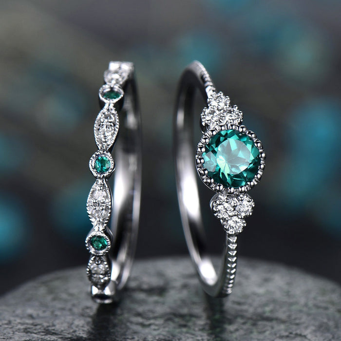 Fashion Versatile Women's Zircon Ring, Copper White K Plated Micro Pave Green Gemstone Ring