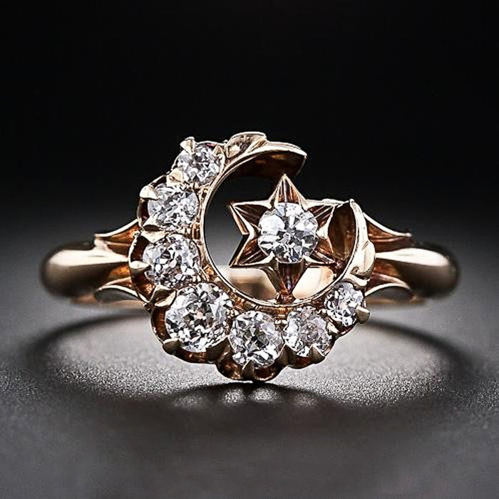 Vintage Luxury Star And Moon Ring, Elegant Women's Zircon Hand Jewelry Accessory