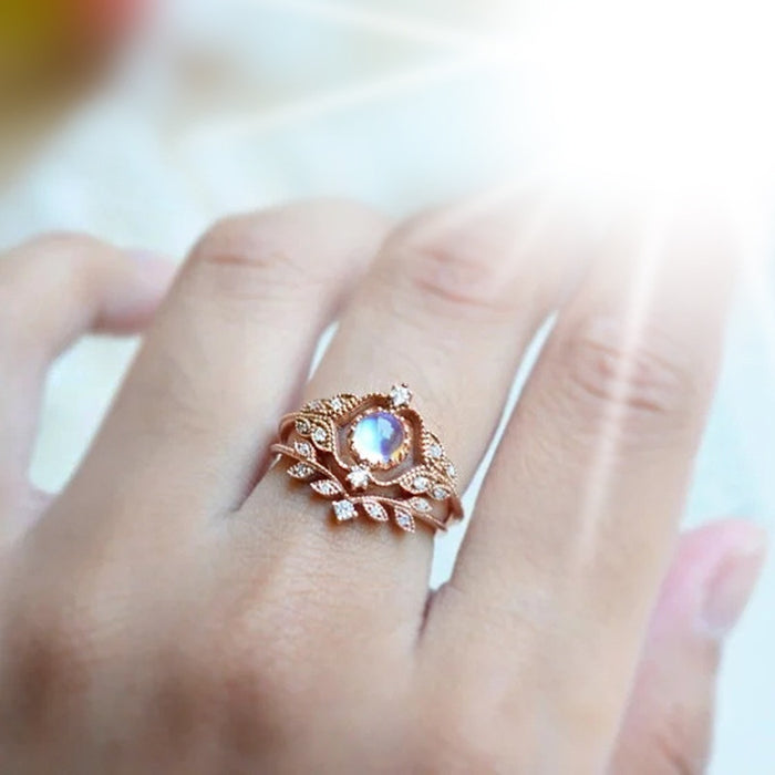 Elegant Moonstone Couple Ring, Copper Rose Gold Plated Zircon Women's Party Jewelry