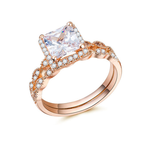 Rose Gold Square Cut Cubic Zirconia Couple Rings, Women's Wedding Jewelry Birthday Gift