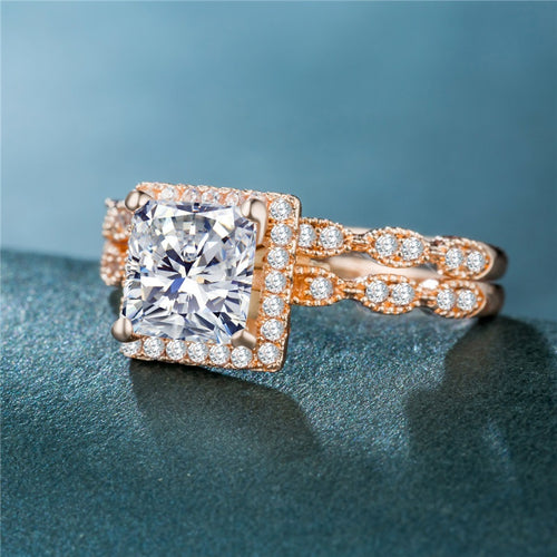 Rose Gold Square Cut Cubic Zirconia Couple Rings, Women's Wedding Jewelry Birthday Gift