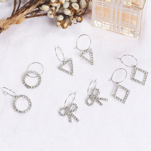 Elegant Korean Style Alloy Hoop Drops With Full Rhinestone Geometric Circle Triangle Square Charms Earrings