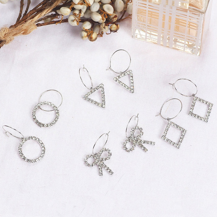 Elegant Korean Style Alloy Hoop Drops With Full Rhinestone Geometric Circle Triangle Square Charms Earrings