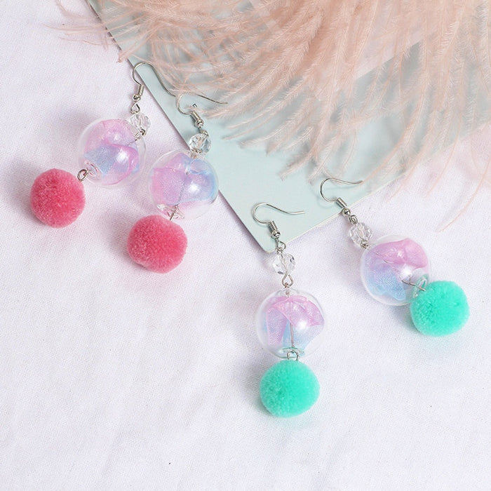 Iridescent Ribbon Glass Ball Pom Pom Drop Hook Alloy Crystal Bead Women's Fashion Earrings