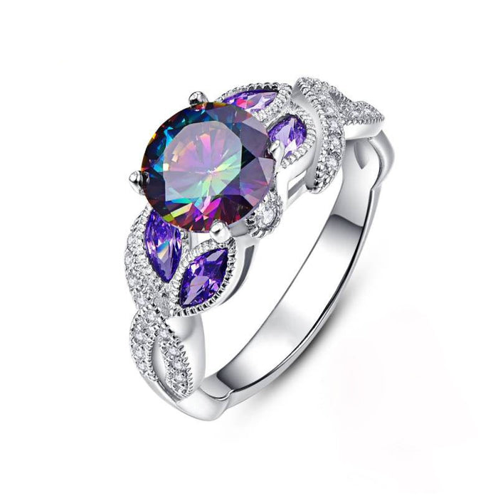 Creative Silver Plated Copper Ring For Women With Colorful Teardrop Oval Zircon Stones
