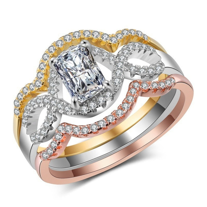 Elegant Hollow Three Color Zircon Ring Set For Women, Fashion Stacking Rings With Pave Stones