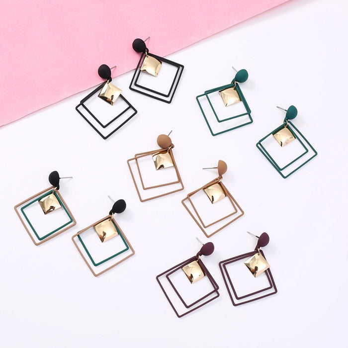 Korean Minimalist Geometric Hollow Square Alloy Gold Plate Fashion Versatile Stud Drop Earrings
