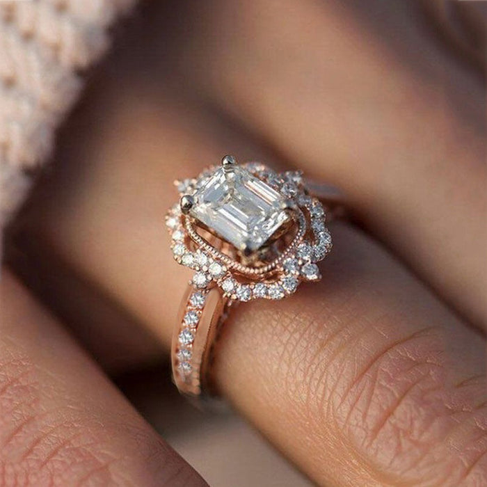 Rose Gold Plated Zircon Square Princess Ring European American Fashion Engagement Jewelry