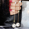 Metal Teardrop Tassel Drop Earrings With Pearl Studs, European American Minimalist Style view 3