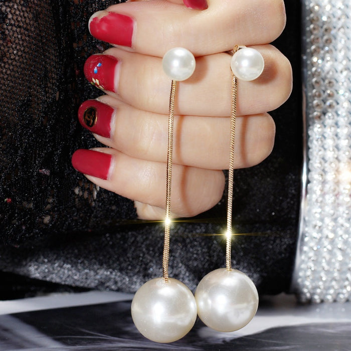Metal Teardrop Tassel Drop Earrings With Pearl Studs, European American Minimalist Style