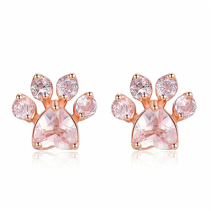 Creative Cat Paw Footprint Pink Crystal Zircon Stud Earrings Rose Gold Plated Ear Jewelry