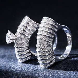 Luxury Double Layer Hollow Zircon Stack Ring For Women, Gold Plated Statement Hand Jewelry