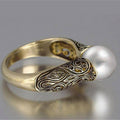 Vintage 14K Gold Plated Women's Ring With Delicate Simulated Pearl, Elegant Retro Jewelry view 3