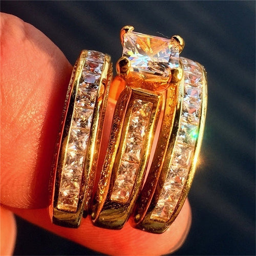 Luxury Micro Pave Zircon Ring Three Piece Set, European Style Women's Couple Jewelry