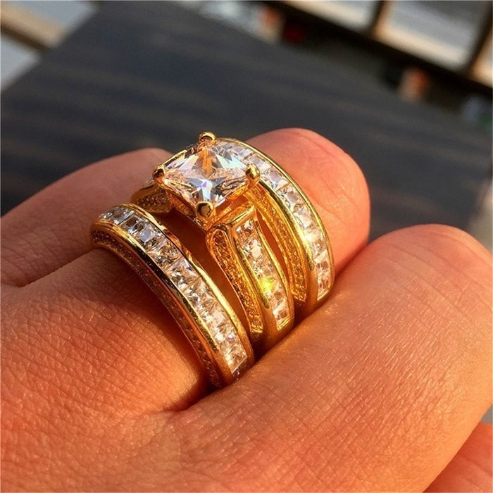 Luxury Micro Pave Zircon Ring Three Piece Set, European Style Women's Couple Jewelry