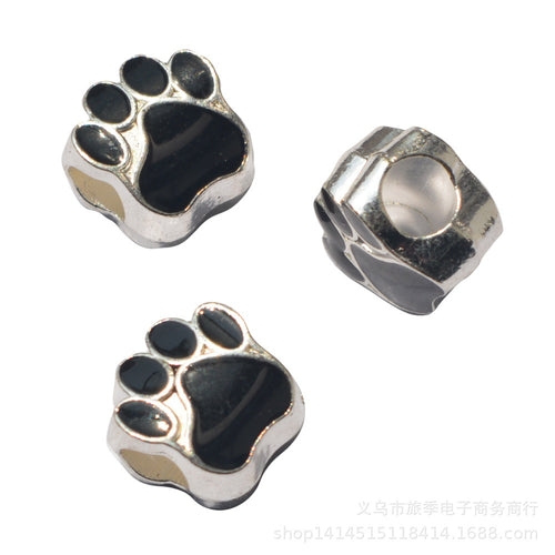 Bright Silver Enamel Footprint Large Hole Beads For DIY Bracelet Necklace Jewelry