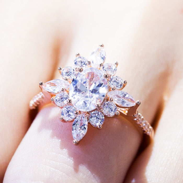 Rose Gold Plated Copper Snowflake Ring With Zircon Stones, European Women's Jewelry