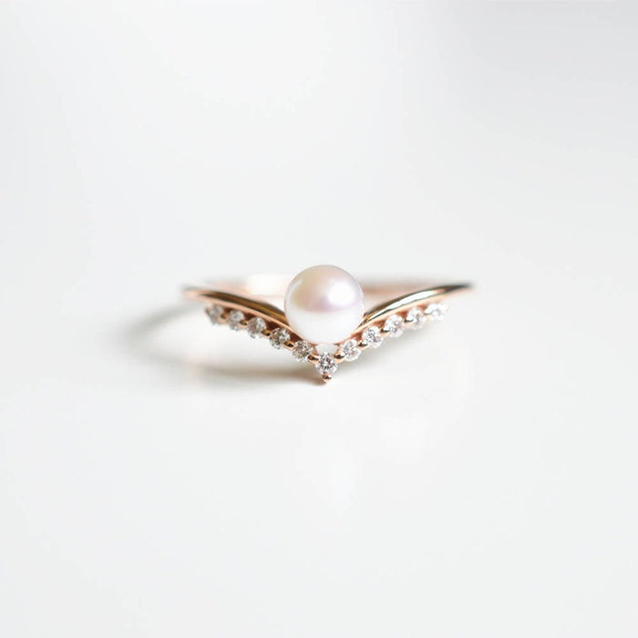 Minimalist V Shaped Pearl Ring For Women Rose Gold Plated Fashion Finger Ring