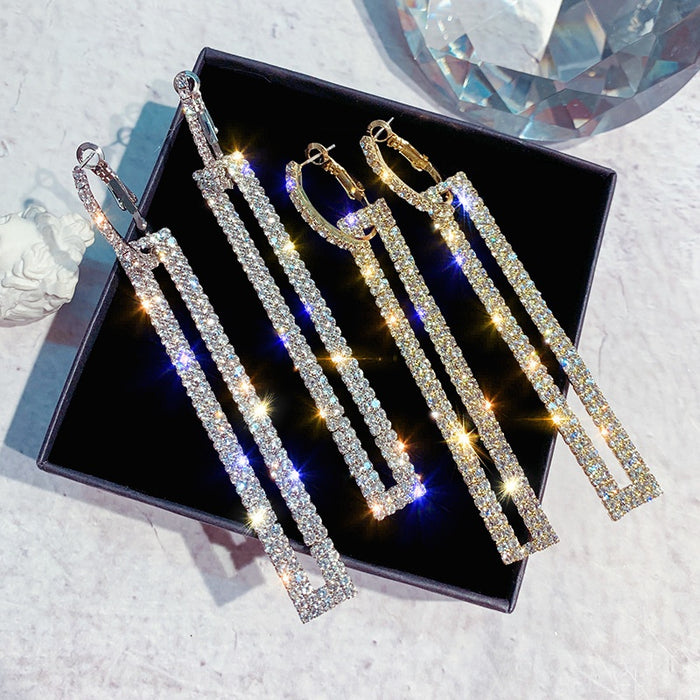 Alloy Silver Needle Full Rhinestone Rectangle Drop Earrings Geometric Korean Statement Style