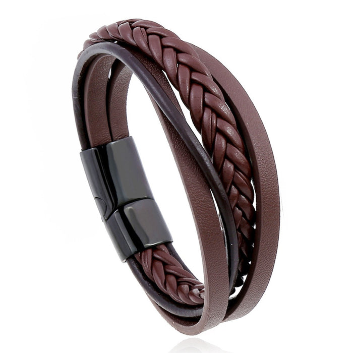 Vintage Punk Multi Layer Cowhide Leather Men's Bracelet, Stainless Steel Woven Leather Wristband