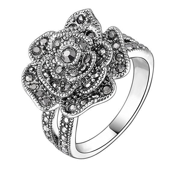 Vintage Black Rose Micro Pave Zircon Ring, Fashion Floral Statement Finger Jewelry For Women