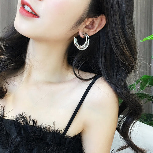 Minimalist Irregular Multi Layer Metal Hoop Earrings With Silver Needle Posts