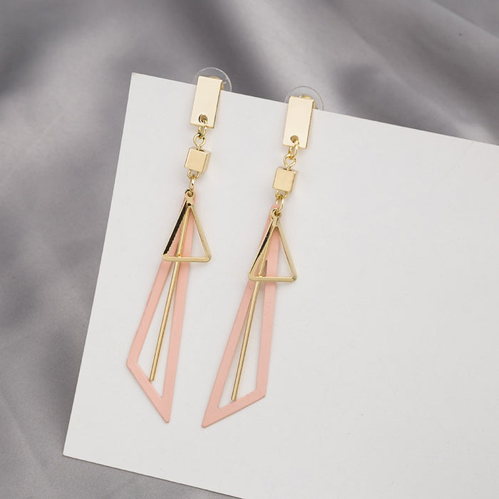 Elegant Korean Style Alloy Hollow Triangle Pink Enamel Geometric Long Tassel Drop Stud Earrings