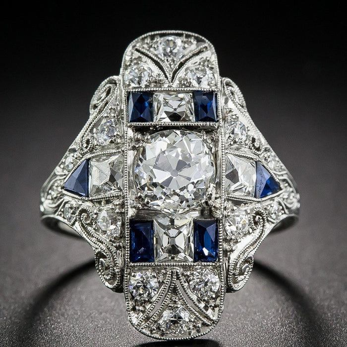 Exaggerated Palace Style Light Luxury Topaz Blue Sapphire Ring With Hollow Pattern Design