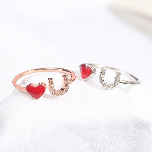 Korean Simple Heart Love Ring Colorfast Sweet Micro Paved Zircon Open Adjustable Finger Ring