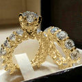 High End Full Zircon Diamond Look Copper Women's Engagement Wedding Matching Ring Set view 3