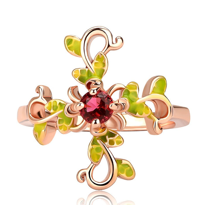 Creative Branch Wrapped Micro Pave Floral Ring For Women, Fashion Resin Copper Jewelry