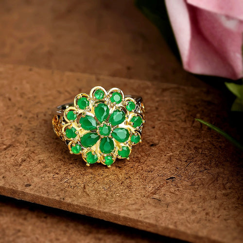 Emerald Color Two Tone Plated Flower Ring For Women Creative Floral Fashion Jewelry