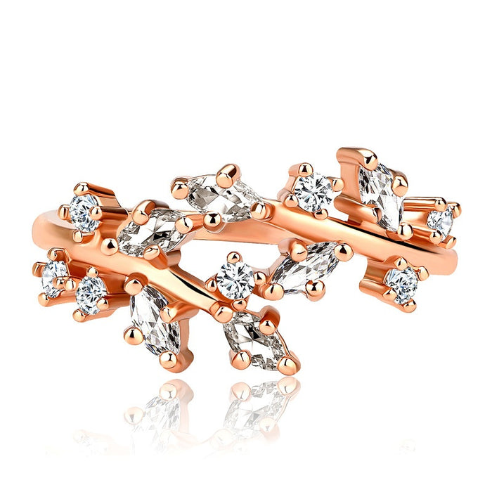 Rose Gold Copper Branch Intertwined Creative Ring With Micro Pave Zircon Jewelry Accessory